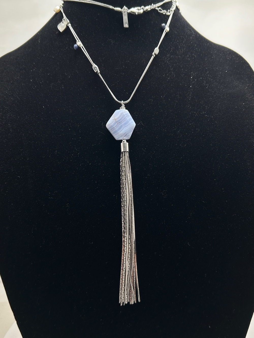 White House Black Market, WHBM, Silver And Blue Lace Agate Long Tassel Necklace